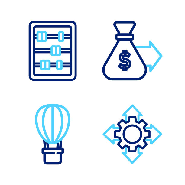 设置线路项目团队基地，热气球，钱袋和算盘图标。向量图片下载