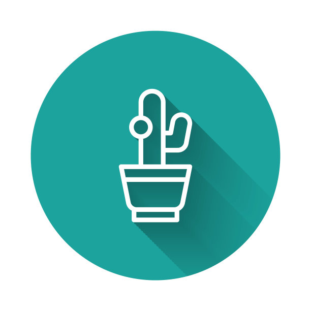 白线仙人掌和多汁花盆图标孤立与长阴影背景。盆栽植物。盆栽植物标志。绿色圆圈按钮。向量图片下载
