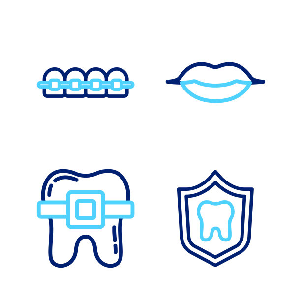 设置线牙齿保护，牙齿与牙套，微笑的嘴唇和图标。向量图片下载
