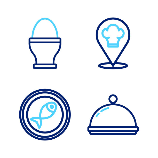 设置线覆盖托盘，服务在盘子上的鱼，厨师的帽子位置和鸡蛋站图标。向量图片下载