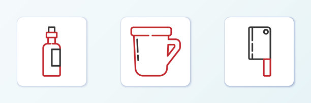 设置线肉菜刀，橄榄油和咖啡杯图标。向量图片下载