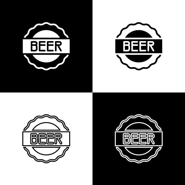 设置瓶盖与铭文啤酒图标孤立在黑色和白色背景。向量图片下载