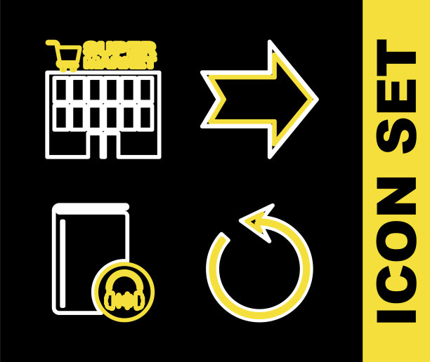 设置线箭头，刷新，音频书和超市建筑图标。向量图片下载