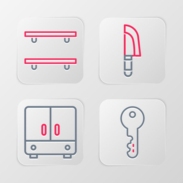 设置线房子钥匙，衣柜，刀和空木架图标。向量图片下载