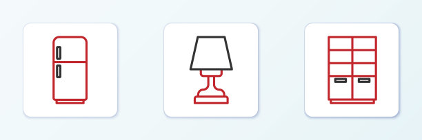设置线衣柜，冰箱和台灯图标。向量图片下载