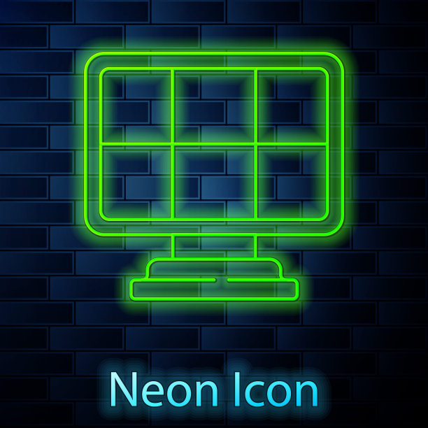 发光的霓虹灯线太阳能电池板图标孤立在砖墙背景。向量图片下载