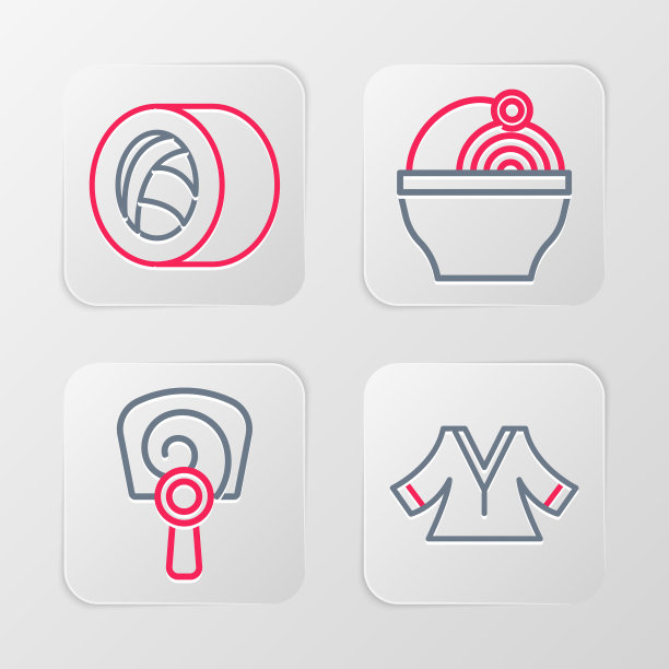 设置线和服，韩式扇子，拉面和寿司图标。向量图片下载