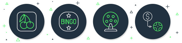 设置行宾果，彩票机，插槽与樱桃和赌场筹码交换图标。向量图片下载