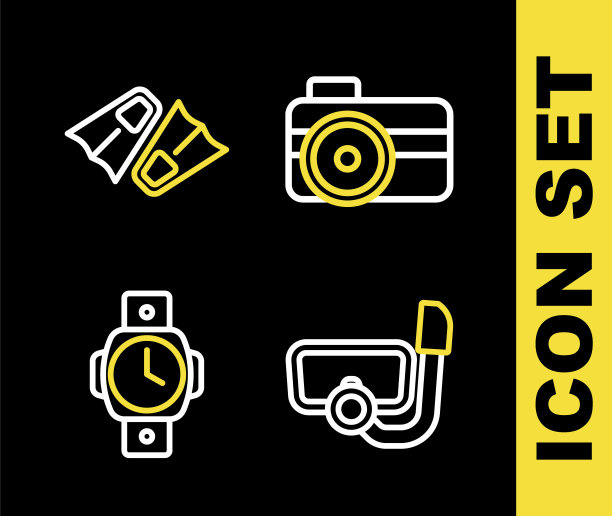 设置潜水员摄影相机，带通气管的潜水面罩，手表和鳍状肢游泳图标。向量图片下载