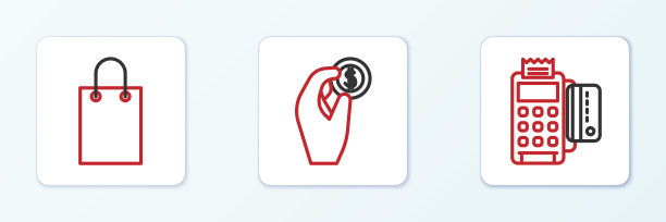 设置线上POS机，信用卡，纸质购物袋和手握硬币的图标。向量图片下载
