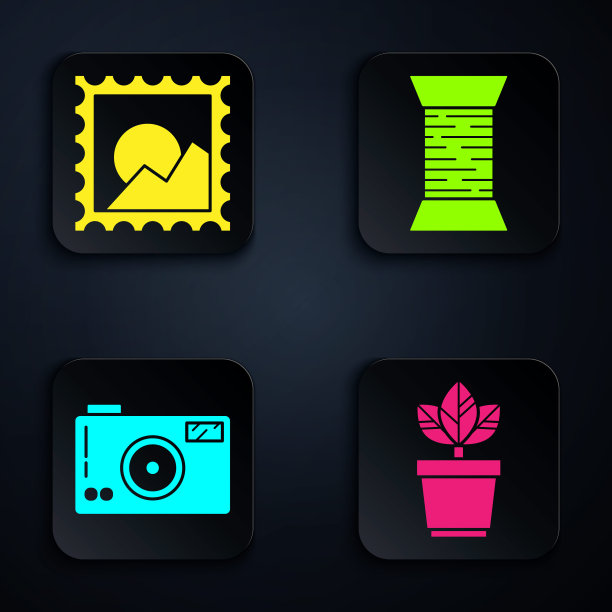 花盆插花，风景照片，摄影相机，线轴上的缝纫线。黑色方形按钮。向量图片下载