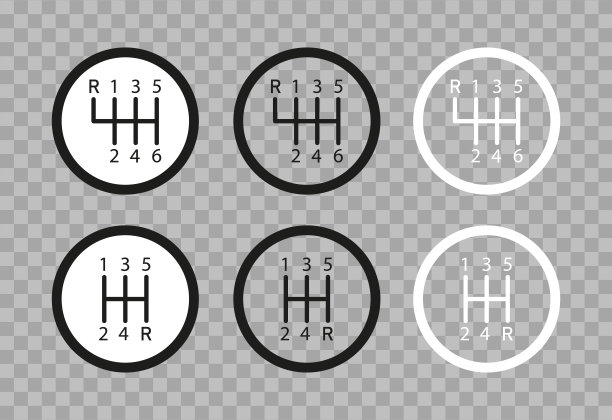 汽车变速杆。手动汽车换挡图标。手动变速箱。汽车变速杆变速箱符号。图标5或6的杠杆上的速度。标志孤立在透明的背景。向量图片下载