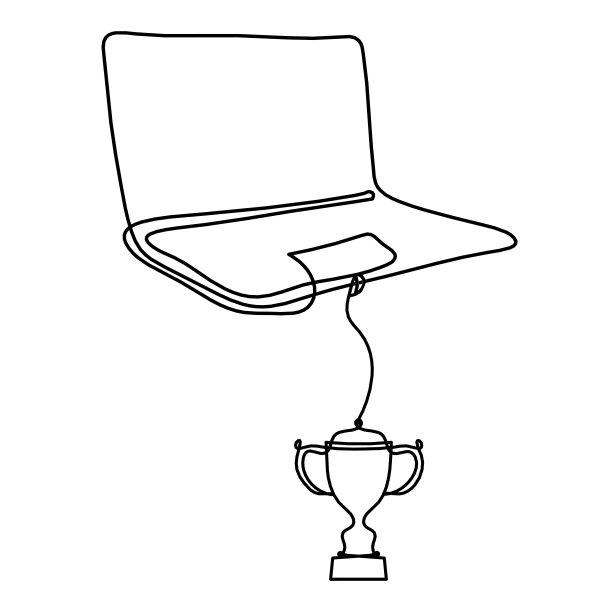 摘要笔记本电脑与奖杯作为线画在白色为背景图片下载