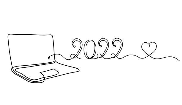 摘要笔记本电脑与2022年线画在白色的背景图片下载