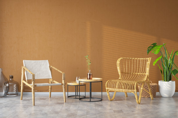 波西米亚室内设计客厅与两把竹椅图片下载