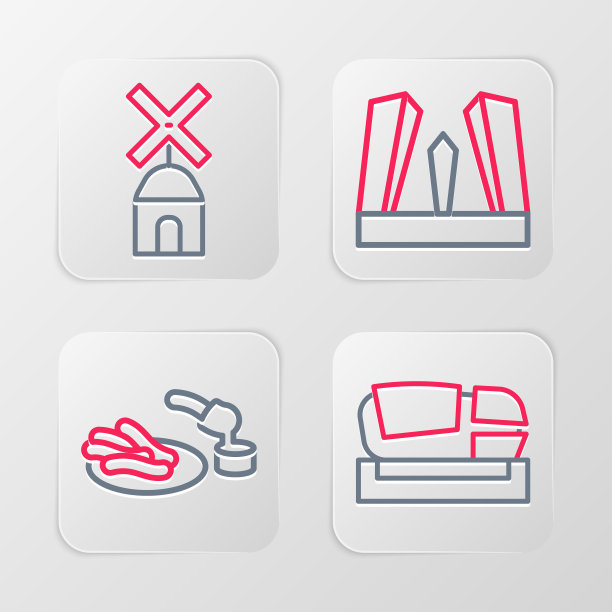 设置线体育场梅斯塔利亚，油条和巧克力，欧洲门和风车的图标。向量图片下载