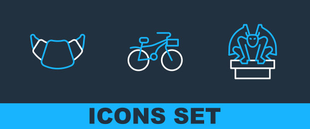 设置线石像鬼基座，羊角面包和自行车图标。向量图片下载