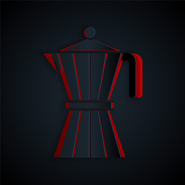 剪纸咖啡机moca壶图标孤立在黑色背景。纸艺术风格。向量图片下载