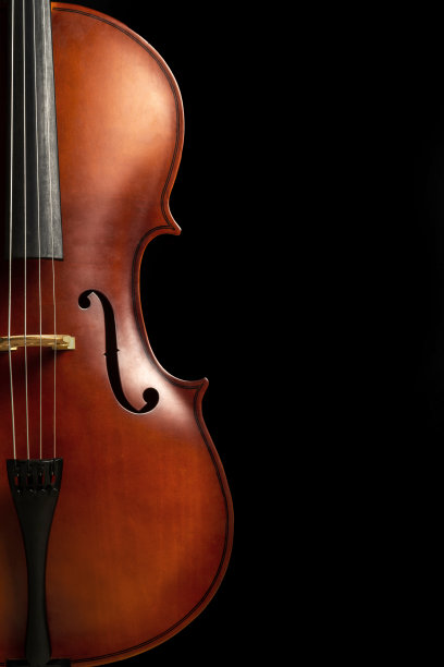 前视图的一半的大提琴在黑暗的背景。副本的空间。古典音乐会。图片下载