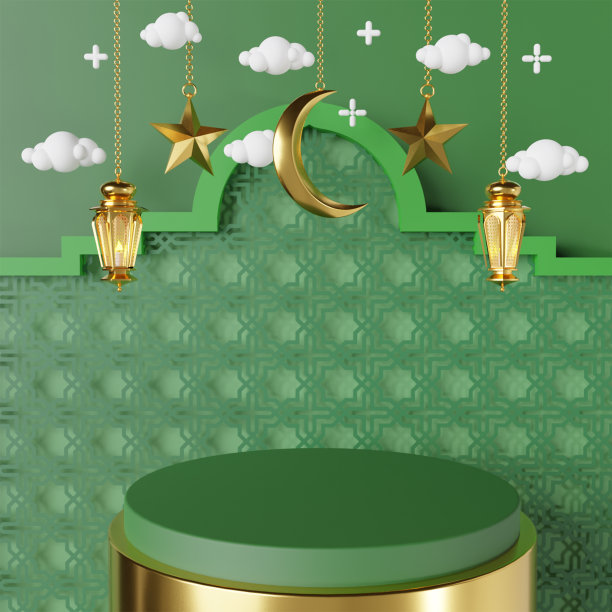 斋月卡里姆问候模板，阿拉伯灯笼和月亮。站在讲台上的背景为广告产品——3d渲染插图为贺卡、问候图片下载