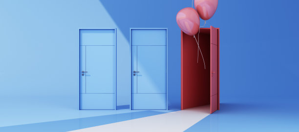 关闭蓝色门与打开的粉红色门在蓝色背景与阳光阴影和阴影与粉色气球和白色的地板上的3d渲染方式图片下载