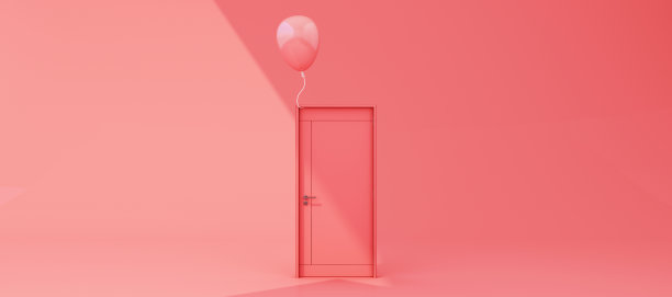 关闭粉红色的门在粉红色的背景与日光阴影和阴影与粉红色气球。三维渲染图片下载