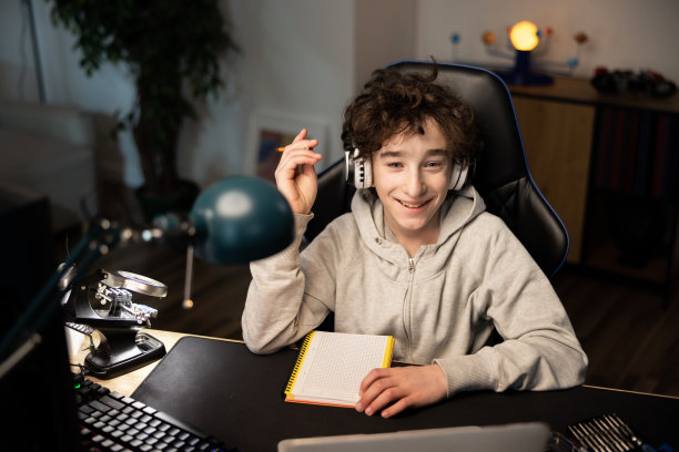 一个男孩坐在书桌前的笔记本电脑前。孩子们在远程课堂上听老师讲课，记笔记，认真学习图片下载