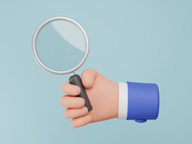 卡通手拿一个放大镜在蓝色背景与复制空间。三维演示图片下载