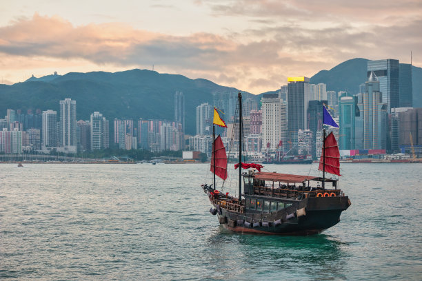 香港维多利亚湾城市天际线，有帆船和摩天大楼商业区图片下载