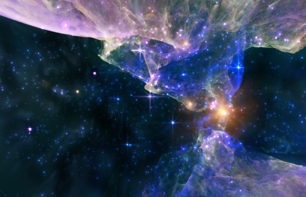 银河系探索通过外层空间三维渲染插图。五颜六色的星云、深空中的星系和恒星、发光的气体和能量图片下载