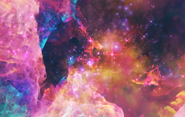 银河系探索通过外层空间三维渲染插图。五颜六色的星云、深空中的星系和恒星、发光的气体和能量图片下载