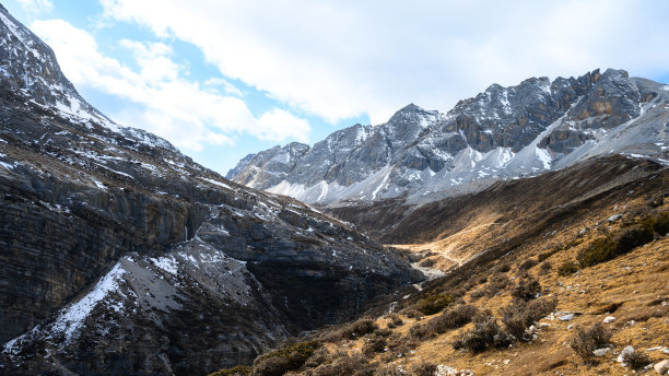 中国四川省亚丁国家级自然保护区雪山山脉和山谷的全景图片下载