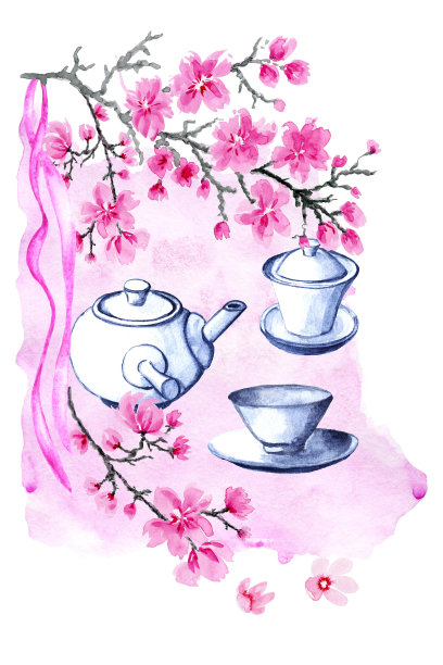 日本的茶壶。瓷套水彩画。图片下载