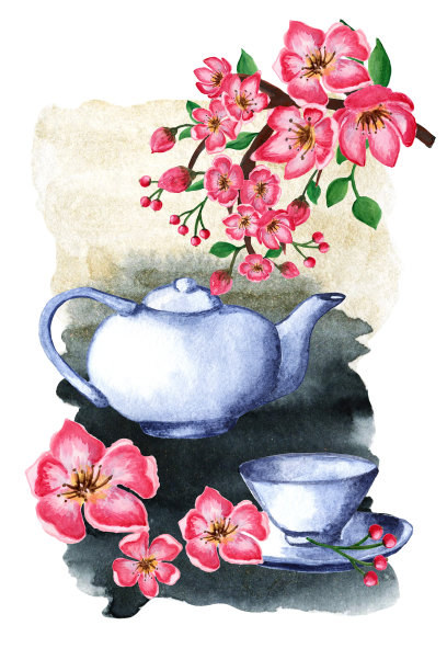 日本的茶壶。瓷套水彩画。图片下载
