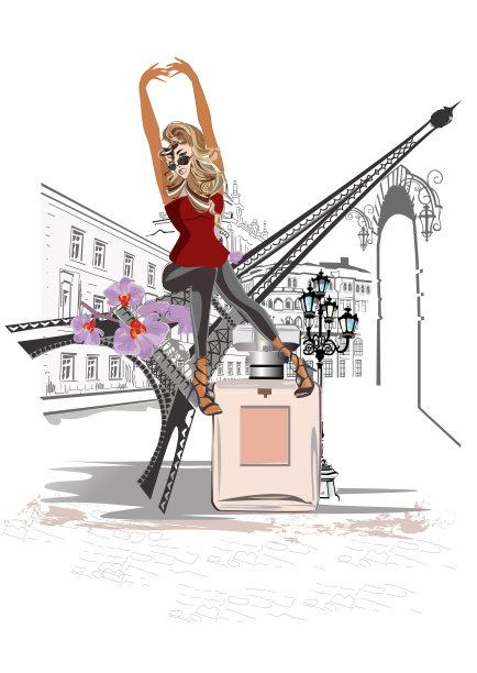 美丽的金发女子坐在用兰花和香水装饰的埃菲尔铁塔上。图片下载