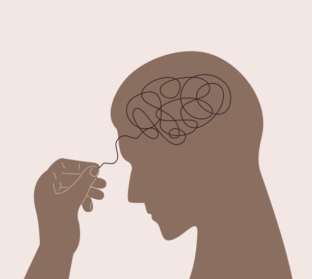 心理治疗的概念。那个人解开了他那令人不安的纠结的思绪。隐喻心理学家的帮助。说明抑郁，疲劳，慢性头痛。平面向量的设计。图片下载