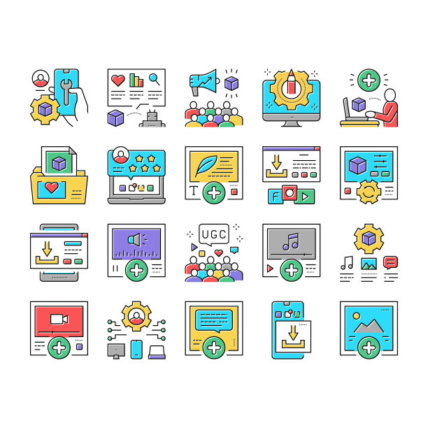 用户生成的内容集合图标集向量。图片下载