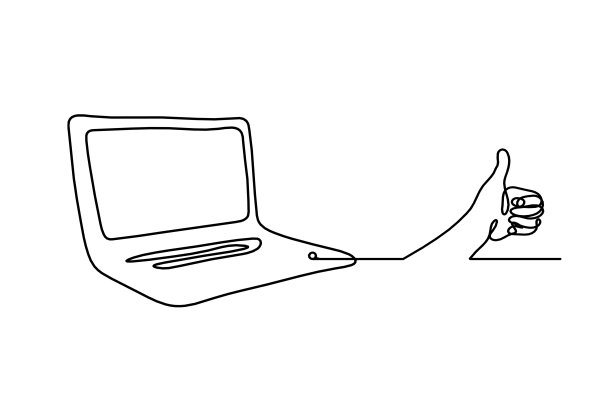 摘要笔记本电脑与手作为线画在白色为背景图片下载