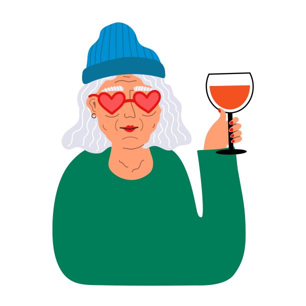 矢量插图与灰色头发和一杯红酒的愉快微笑的老妇人。图片下载