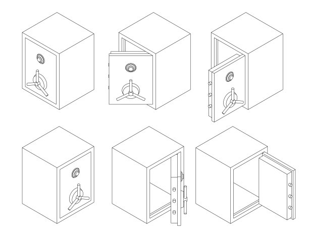 等距空保险柜，开门和关门。轮廓矢量插图。图片下载
