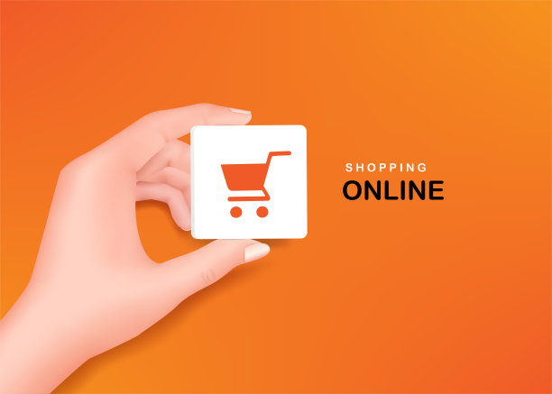 手持一个购物车图标在橙色背景网上购物图片下载