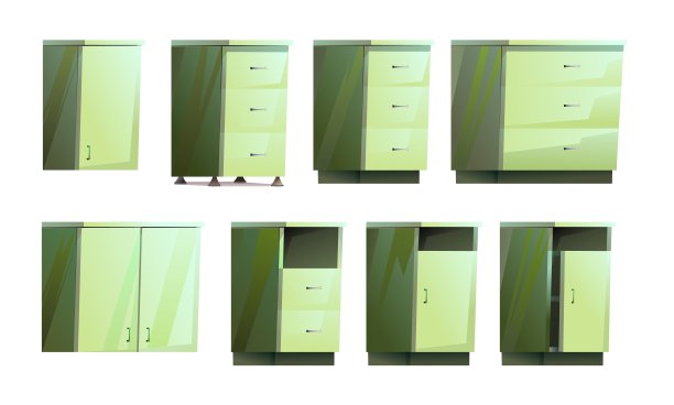 一套厨房家具。橱柜和表。挂着家具。卡通风格。对象孤立在白色背景上。向量图片下载