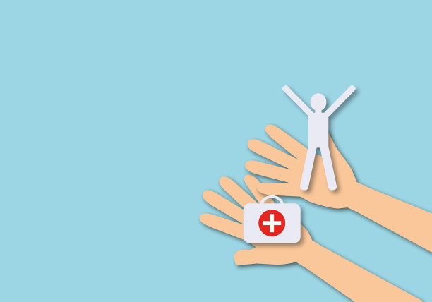 手握纸人与医疗工具袋蓝色背景，人寿保险或医疗保健概念。图片下载