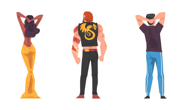 站着的人，背影。苗条的女孩在派对礼服，在皮革背心和年轻人在休闲服漫画向量插图骑自行车的人图片下载