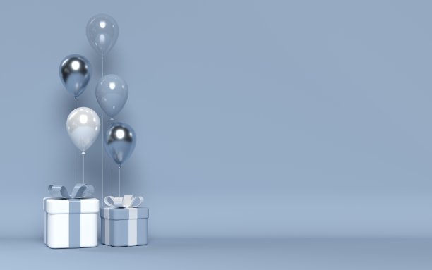 3d光滑的气球与礼品盒。图片下载