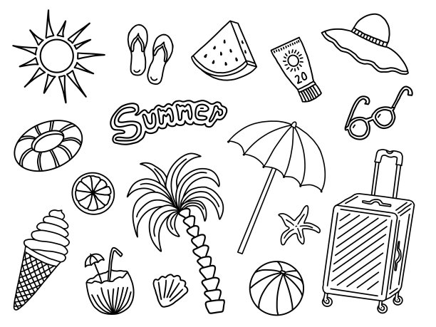 主题为夏天的物体插图。颜色图片。黑白。假期。图片下载