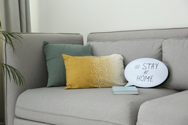 带标签的书和演讲泡在家里的沙发上。在COVID"u201119大流行期间促进自我隔离的信息图片下载