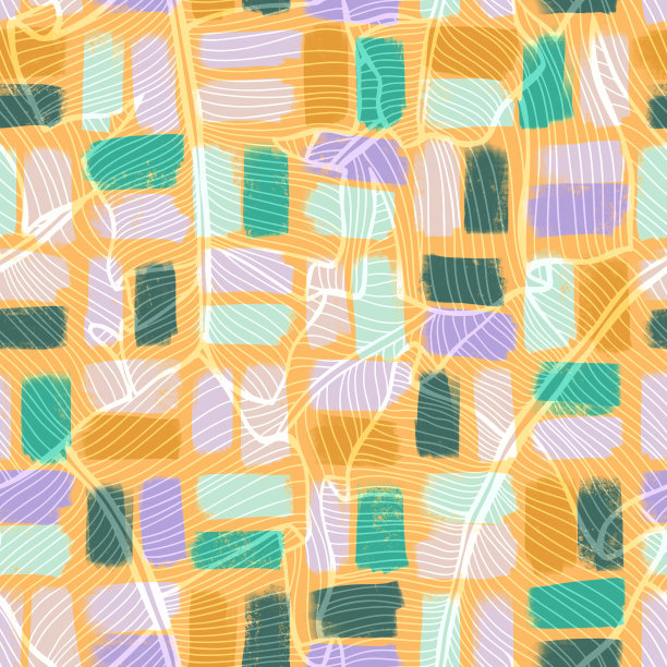 复杂的无缝模式，由丰富多彩的块在棕榈叶纹理。现代抽象几何插图。马赛克装饰。装饰广场的形状。时尚潮人的风格。图片下载