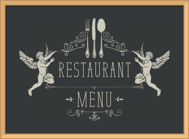 复古风格的餐厅菜单与叉子和天使图片下载