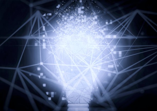 一个灯泡闪烁的插图与技术的概念和一个漩涡线的光图片下载